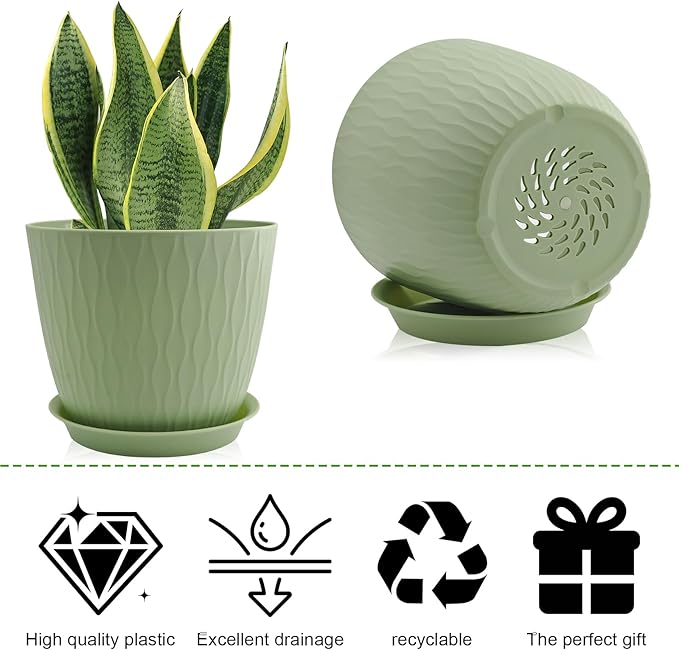 8/7/6 inch Plant Pots, 3 Pack Flower Pots for Outdoor Indoor Garden Plants, Large Planters with Multi Mesh Drainage Holes and Saucer (Green, 8"+7"+6")