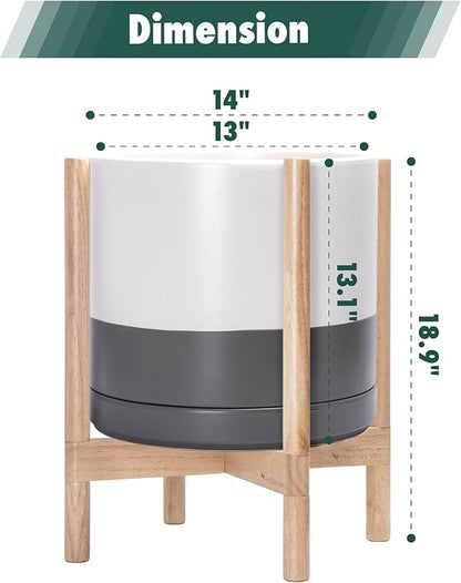 D'vine Dev Ceramic Planter with Natural Stand - 14 Inch Modern Round Flower Pot with Wood Planter Holder, White/Grey, 55-B-R-6