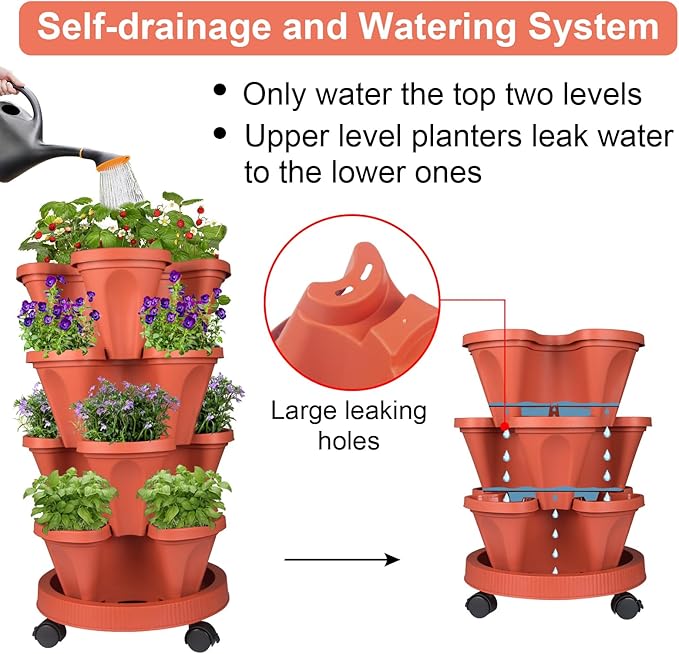 GameXcel Vertical Planter 4 Tier Stackable Planters Garden Planters Strawberry Herb Flower and Vegetable Planter Indoor Outdoor Gardening Pots with Removable Wheels and Tools