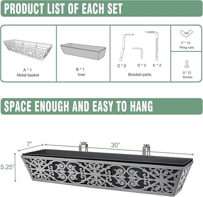 6 Pack 30 Inch Window Boxes Planter for Outdoor Plants Deck Railing Planters Box with Adjustable Brackets for Porch Fence Balcony Hanging Flower Baskets with Non-Woven Fabric Liner for Garden Décor