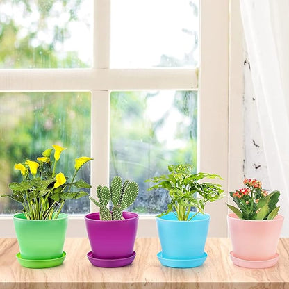 Tosnail 24 Pack 4" Small Plastic Plant Flower Pot with Saucers, Seedlings Nursery Pots Planter with Pallet Planting Gardening Containers - Assorted 8 Colors