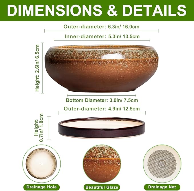 Succulent Pots - 6 Inch Ceramic Bonsai Pots with Drainage Hole and Tray, Succulent Planters for Indoor Outdoor, Shallow Round Planter, Cactus Pot, Desk Decor, Plant Lover Gifts, Retro Brown