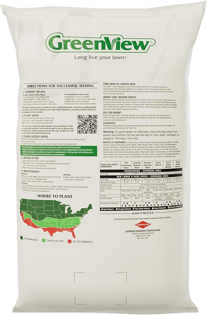 GreenView Pure Grass Seed Dense Shade Mixture, 20 lb. Bag – Covers up to 10,000 sq. ft.