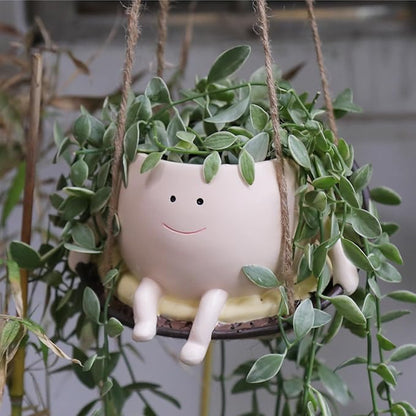 Hanging Swing Chair Planter Pot Resin Smiley Face Planter for Indoor Outdoor Plant Cute Head Flower Pots for String of Pearls Plant Live Unique Gift IdeaI for Mother Day, Christmas (Small)