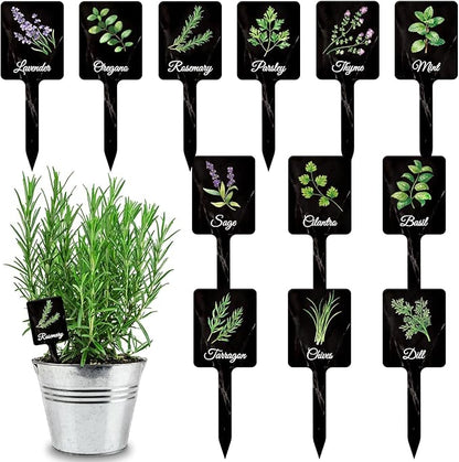 UPINS 24Pcs Acrylic Garden Herb Signs,Herb Garden Plant Labels Markers for Outdoors Black Waterproof Tags Signs with Printed Name for Indoor Outdoor Gardens Plants Potted