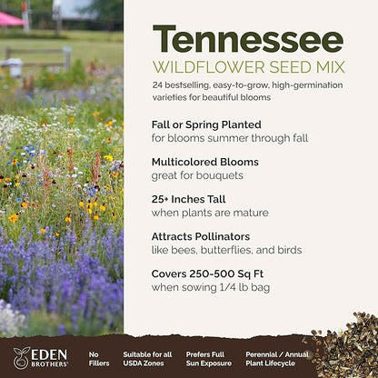 Eden Brothers Tennessee Wildflower Mixed Seeds for Planting, 1/4 lb, 120,000+ Seeds with Cosmos, Black Eyed Susan | Attracts Pollinators, Plant in Spring or Fall, Zones