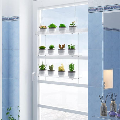 3-Tier Clear Hanging Window Plant Shelves 16In, Height Adjustable Acrylic , Indoor Windows Wall Hanging Plant Stand Flower Display, Flower Pot Organizer Storage for Grow Herbs, Microgreens, Succulents