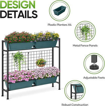 CADUKE Raised Planter Box with Legs, 32" Elevated Vegetable Garden Beds, Raised Garden Bed with Drainage Holes & Trellis, Herb Garden Planter Outdoor for Vegetables, Balcony, Patio, Green