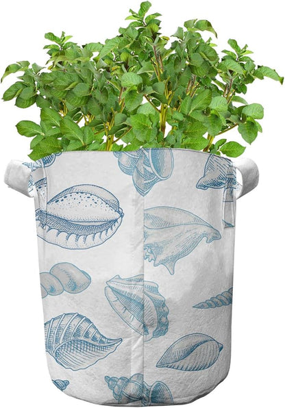 Lunarable Nautical Grow Bags 5-Pack, Soft Toned Marine Animals, Heavyduty Fabric Pots with Handles for Plants, Blue White