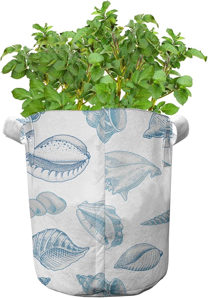 Lunarable Nautical Grow Bags 5-Pack, Soft Toned Marine Animals, Heavyduty Fabric Pots with Handles for Plants, Blue White