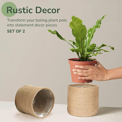 Jute Planter Basket-Woven Jute Rope Covers for Decorating Indoor/Outdoor Succulents, Small Plant Pots-Set of 2-Multi-Purpose Storage Bins 6.5 Inches - Modern Style Décor- Brown