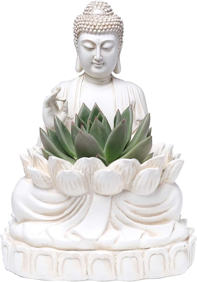 Buddha Planter – 9.5" Tall Polyresin - Zen Plant Pot Holder for Succulent, Flower, Cactus - Garden Lotus Statue Indoor or Outdoor Decor