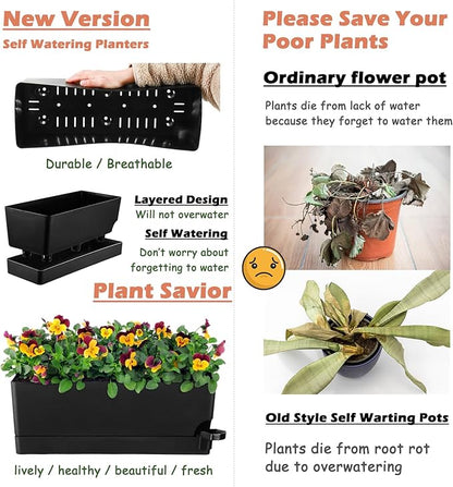 Self Watering Pots for Indoor Plants 17 Inches Window Boxes Planters Rectangular Flower Pots Rectangle Herb Pots Large Plant Pots with Drainage Holes and Saucers Windowsill Planter (4, Black)
