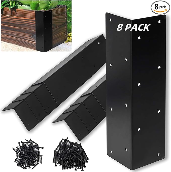 8 Pcs Raised Garden Bed Corner Brackets for 12''-24'' Flower Vegetable Furniture Planter Wood Garden Bed Box, 11 x 3 x 3 Black Metal Corner Brackets Decorative with Screws