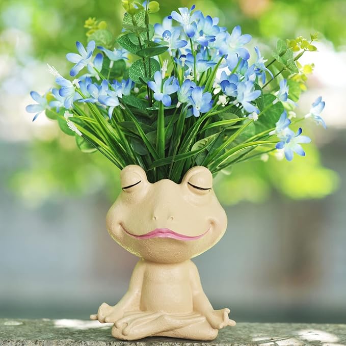 Face Planters Pots Head Yoga Frog Resin Plant Pot with Drainage Hole(Khaki-A)