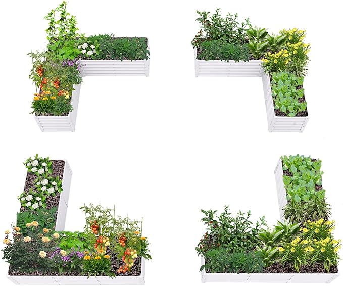 A ANLEOLIFE 4 Set L-Shaped Galvanized Raised Garden Beds Outdoor,74x74x18in Large Metal Planter Box for Planting Vegetables Flowers Herb, Anti-Rust & Easy-Setup, Antique White