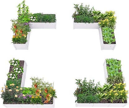 A ANLEOLIFE 4 Set L-Shaped Galvanized Raised Garden Beds Outdoor,74x74x18in Large Metal Planter Box for Planting Vegetables Flowers Herb, Anti-Rust & Easy-Setup, Antique White