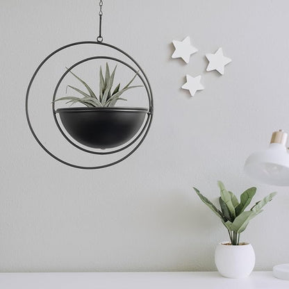 Hajia 2 Pack Moon Shaped Hanging Plant Holder with 8 Inch Detachable Pot, Black Metal Plant Hanger for Indoor Outdoor, Minimalist Hanging Planter for Wall Ceiling Decor.(with Drainage Holes)
