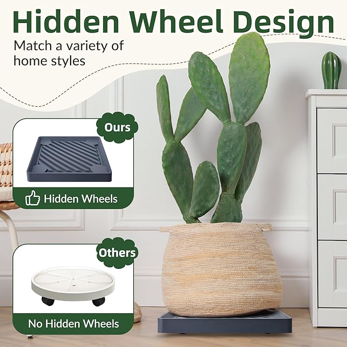 2PCS Square Plant Caddy with Hidden Wheels, Heavy Duty Rolling Plant Stand Caddy with Wheels, Pot Base for Indoor Outdoor, Gray, 12 inches