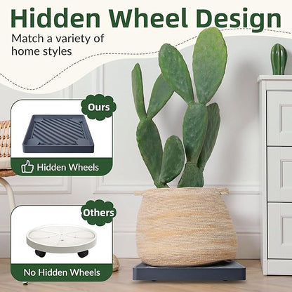 2PCS Square Plant Caddy with Hidden Wheels, Heavy Duty Rolling Plant Stand Caddy with Wheels, Pot Base for Indoor Outdoor, Gray, 13 inches