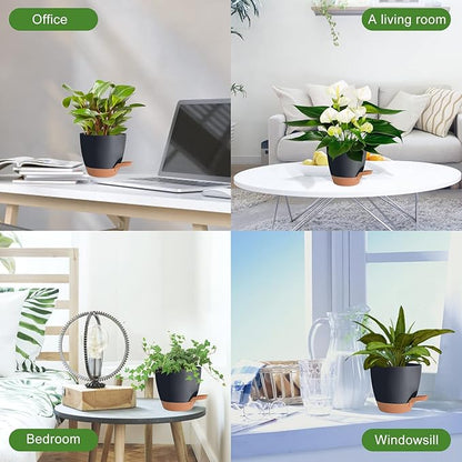 Planters for Indoor Plants, 8/7/6.5/6/5.5/5 Inch Self Watering Plant Planters with Drainage Hole, Plastic Planters Flower Pots for Indoor Outdoor Plants (Black)