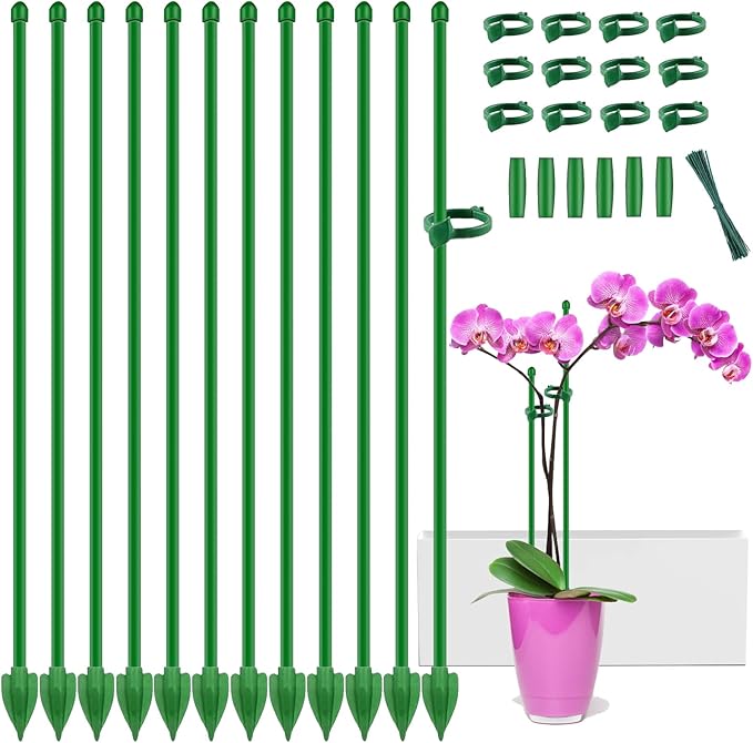 Plant Stakes for Indoor Plants,Toylin 15 Inch Plant Support Stick Orchid Stakes with Spikes and Clips, Plant Poles Extended to 3/4/5ft for Monstera Tomato Orchid Potted Plants Flower (12PCS Green)