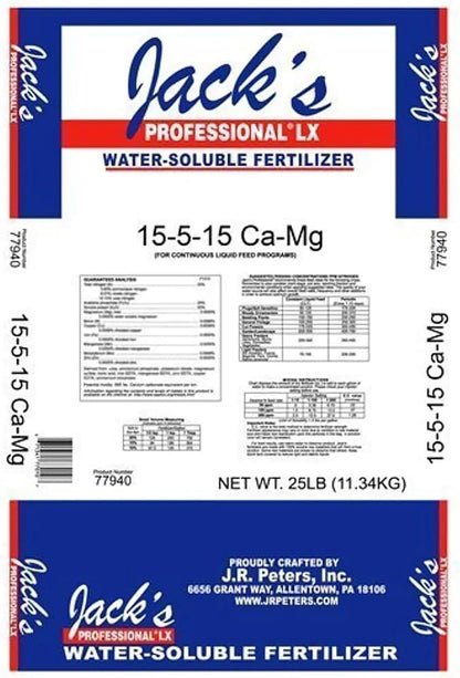 Jack's Professional 15-5-15 CA-MG LX Comprehensive Water-Soluble Fertilizer for Growth in Short, Stocky Plants Grown in Continuous Liquid Feed Programs, 25lbs