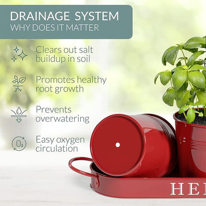 Barnyard Designs Indoor Herb Garden Planter Set with Tray, Metal Windowsill Plant Pots with Drainage for Outdoor or Indoor Plants, Set/3 (Brick Red)