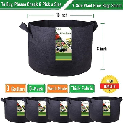 5-Pack 3 Gallon Thickened Plant Grow Bags (10x8 inch) Nursery Bags Fabric Plant Pots Garden Bag for Flower Pot,Herbs Veggies Planter Bag,Garden Pots,Barrel Planters,Plant Container W/ Gardening Gloves