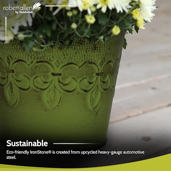 Robert Allen MPT01891 Fluer De Lis Series Metal Planter Flower Pot, 6", Color Tansy Green