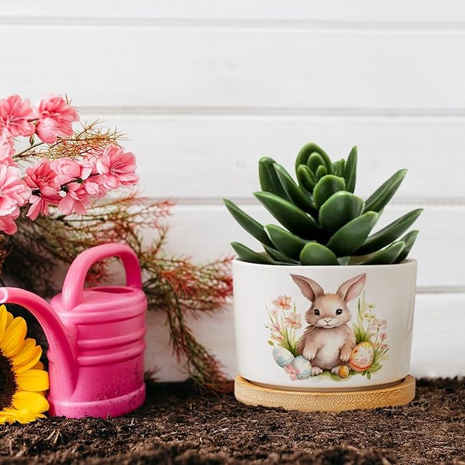 DreamAutumn Planters Ceramic Cute Easter Bunny Rabbit Ceramic Pots with Drainage Holes Round Flowerpot Bamboo Tray Plant Pots for Succuelnt and Little Snake Plants Pots for Nana Mommy Grandma