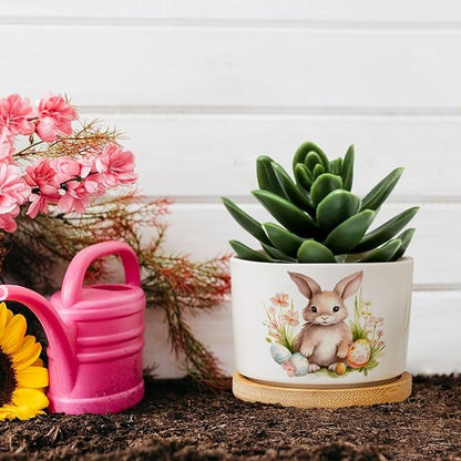 DreamAutumn Planters Ceramic Cute Easter Bunny Rabbit Ceramic Pots with Drainage Holes Round Flowerpot Bamboo Tray Plant Pots for Succuelnt and Little Snake Plants Pots for Nana Mommy Grandma