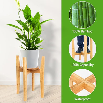 Adjustable Plant Stand with Tray,Indoor Wood Plant Stand Fit 8'' to 12'' Planter,Mid Century Modern Flower Pot Holder Rack(Plant and Pot Not Included)