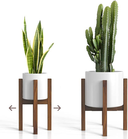 Mid Century Plant Stand - Solid Wood Item Stand Handmade with Acacia - Fits Medium & Large Pots Sizes 8 to 12 inches (Not Included) (Adjustable Width: 8-12 inches, Dark Brown)