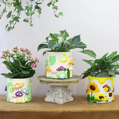 GUGUGO Colorful Bees and Sunflowers Plant Pots, Cute Unique Succulent Planters with Drainage, Rainbow Small Mushrooms Flower Planters Pots for Indoor Plants, Funny Eclectic Home Decor