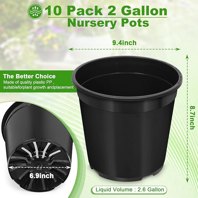 10 Pack 2 Gallon Pots for Plants, 2 Gallon Plastic Plant Pots with Drainage, Sturdy Plastic Pots for Plants, Flowers, Succulent Outdoor Indoor