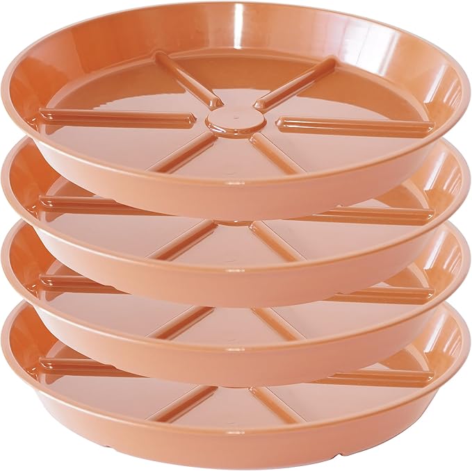 Plant Saucer Pot Tray 14 inch, 4 Packs Flower Planter Saucers and Drip Trays, Heavy Duty Round Plastic Flower Plant Dish Pant Plate to Catch Water for Indoor & Outdoor, Terracotta