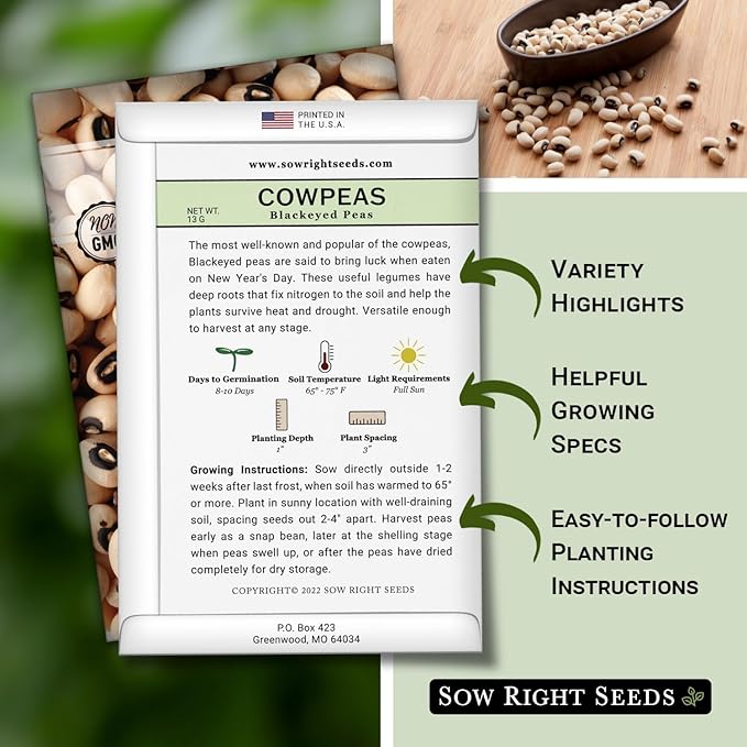 Sow Right Seeds - Black Eyed Cowpea Seeds for Planting - Non-GMO Heirloom Packet with Instructions to Plant a Home Vegetable Garden - Old Fashioned Bush Bean Variety - Extra Lucky (2)