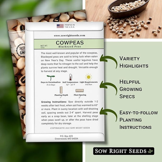 Sow Right Seeds - Black Eyed Cowpea Seeds for Planting - Non-GMO Heirloom Packet with Instructions to Plant a Home Vegetable Garden - Old Fashioned Bush Bean Variety - Extra Lucky (1)