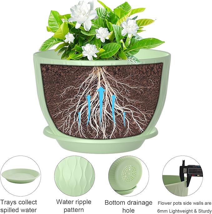 12 Inch Large Plant Pots, Flower Pots with Multi-Mesh Drainage Holes and Saucer, Plastic Planters for Indoor and Outdoor Garden Plants (Green, 12")
