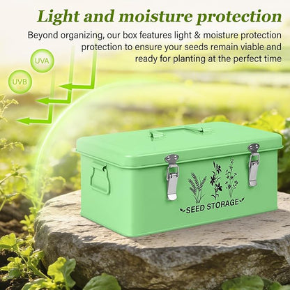 Seed Storage Box Organizer - Metal Garden Seed Storage Container Kit with 60 Vials, 30 Plant Tags, 20 Envelopes, Funnel & Labels - Moisture-Proof Seed Bank for Long Term Storage