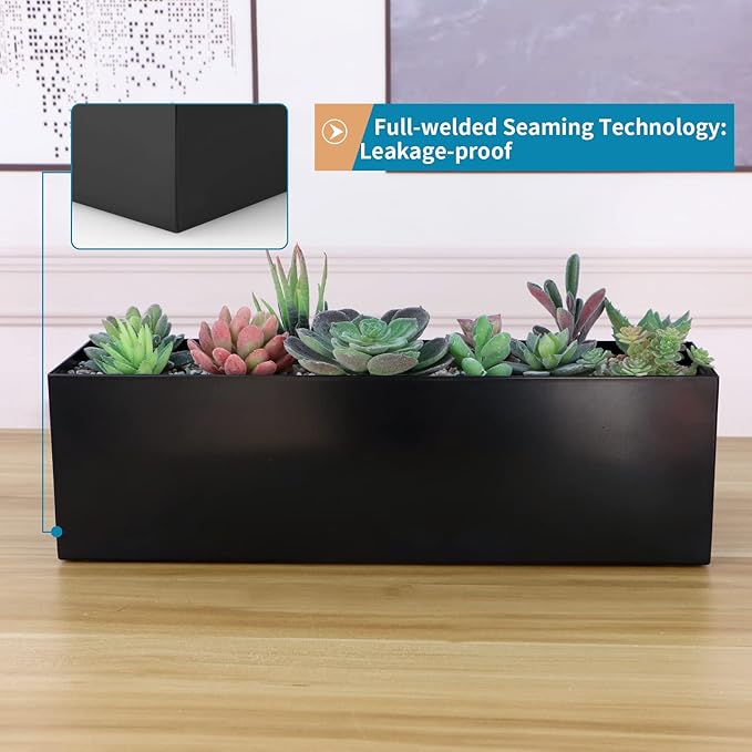 17" Large Stainless Steel Planter Box with Drain Holes and Water Reservoir, Rectangle Succulent Trough Planter Pot for Indoor Outdoor Windowsill, Table Decor (Black)