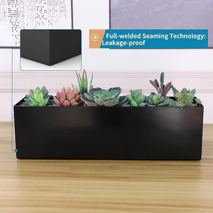 17" Large Stainless Steel Planter Box with Drain Holes and Water Reservoir, Rectangle Succulent Trough Planter Pot for Indoor Outdoor Windowsill, Table Decor (Black)