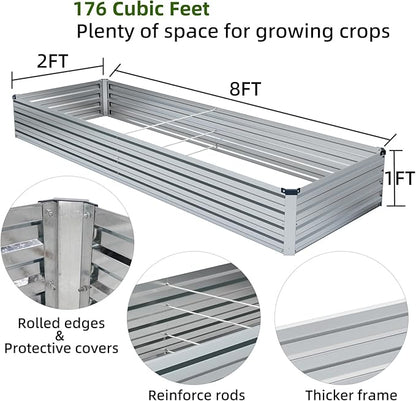 2 Pack 8x2x1FT Galvanized Raised Garden Bed Kit, Outdoor Metal Planter Box for Vegetables, Bottomless Rectangular Gardening Bed with Support Rods, Tool-Free Assembly, Silver