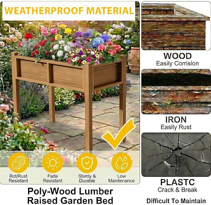 DWVO Raised Garden Bed HDPE with Legs Poly-Wood Weatherproof Elevated Planter Box Outdoor with Drainage System Patio Planters for Herbs Vegetables Flowers Plant Bed for Garden Balcony Backyard, Teak