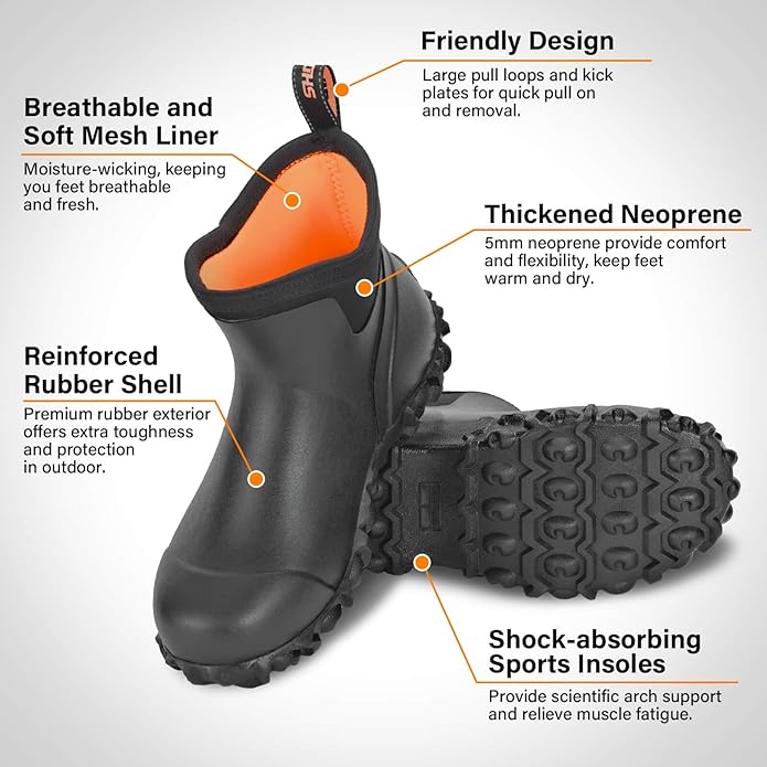 Showave Men's Ankle Rain Boots Waterproof Rubber Garden Boots Durable Slip on Rain Shoes for Outdoor Mud Yard Chore