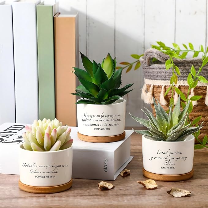 Sieral 6 Pcs Spanish Bible Verse Succulent Pots White Ceramic Flower Planter with Bamboo Tray Small Pots Christian Gift Succulent Planters for Patio Garden 3 x 3 x 2 Inch, Plants Not Included