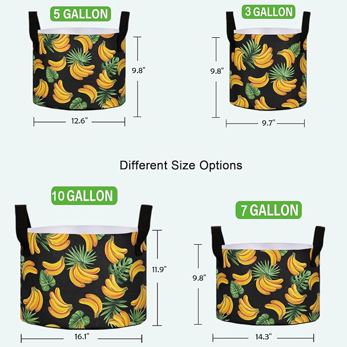 3 Gallon Tropical Leaves Banana Black Breathable Grow Bag Heavy Duty Thickened Plant Pot Containers with Handles for Tomato Potato Fruits Vegetables Flowers