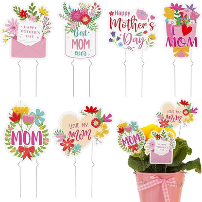 Weysat 6 Pcs Mother's Day Plant Stakes Flower Pots Signs Metal Garden Stakes Outdoor Decorative I Love You Mom Heart Flowers for Home Outdoor Lawn Decor Mothers Day Party Supplies