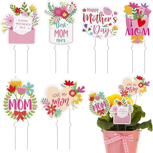 Weysat 6 Pcs Mother's Day Plant Stakes Flower Pots Signs Metal Garden Stakes Outdoor Decorative I Love You Mom Heart Flowers for Home Outdoor Lawn Decor Mothers Day Party Supplies